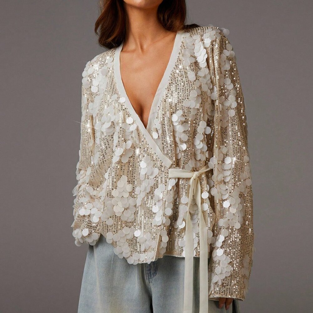 Apricot Party Women's Side Tie Loose Long Sleeve Sequin Blouse